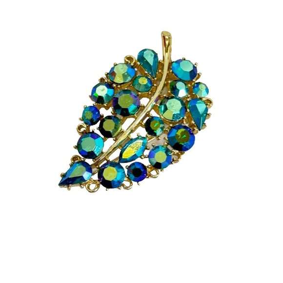 Lisner Jewelry - Vintage Lisnore Blue AB Iridescent Leaf Brooch Gold Rhodium Signed